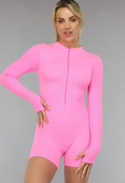 Neon Roze Longsleeve Playsuit met Ritssluiting
