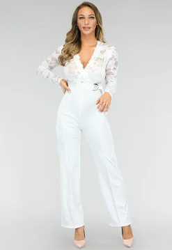 Nette Witte Jumpsuit met Kant en Tailleriem