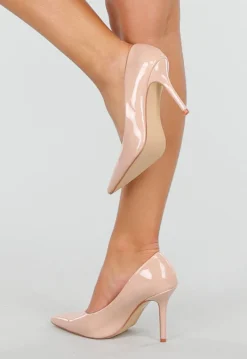 Nude Lakleren Pumps met Spitse Neus en Hoge Hak