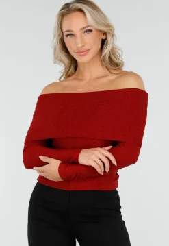 Off Shoulder Glitter Top met Lange Mouwen in Rood
