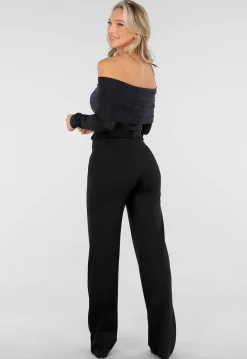 Off Shoulder Glitter Top met Lange Mouwen in Zwart