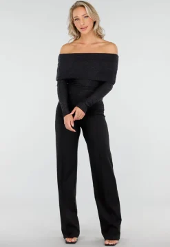 Off Shoulder Glitter Top met Lange Mouwen in Zwart