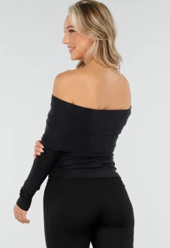 Off Shoulder Glitter Top met Lange Mouwen in Zwart