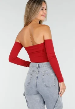 Off Shoulder Top met Lange Mouwen in Rood