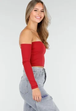 Off Shoulder Top met Lange Mouwen in Rood