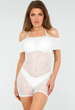 Off Shoulder Witte Kanten Playsuit met Stretch