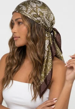 Olijfgroene Bandana met Paisleyprint en Donkerbruine Rand