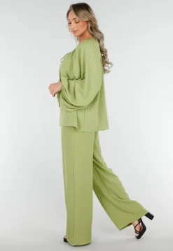 Olijfgroene Blouse met V-hals en Geknoopte Koordjes