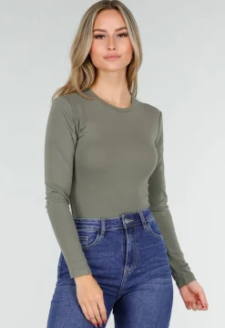 Olijfgroene Body met Lange Mouwen en Stretch