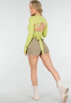 Olijfgroene Bolero Top met Lange Mouwen en Stretch