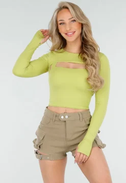 Olijfgroene Bolero Top met Lange Mouwen en Stretch