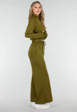 Olijfgroene Cropped Lounge Trui met Halve Rits en Hoge Kraag