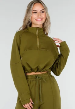 Olijfgroene Cropped Lounge Trui met Halve Rits en Hoge Kraag