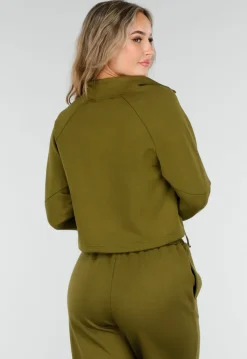Olijfgroene Cropped Lounge Trui met Halve Rits en Hoge Kraag