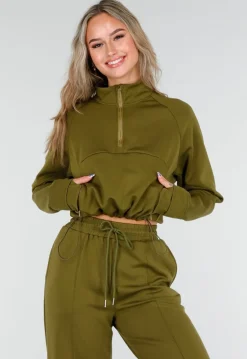 Olijfgroene Cropped Lounge Trui met Halve Rits en Hoge Kraag