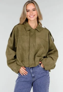 Olijfgroene Oversized Jas van Suède Look met Kraag en Lange Mouwen