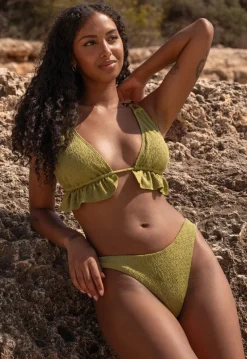 Olijfgroene Ruffle Bikini Top met Uitneembare Pads