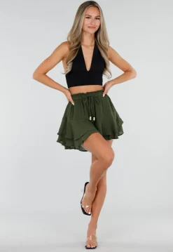 Olijfgroene Ruffle Skort met Elastische Taille en Strikkoord