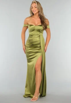 Olijfgroene Satijnen Off Shoulder Galajurk met Split