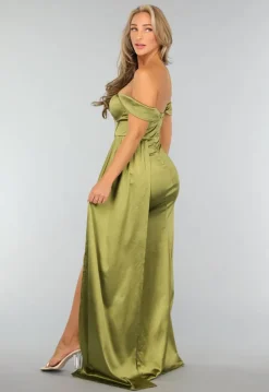 Olijfgroene Satijnen Off Shoulder Galajurk met Split