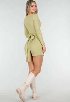 Olijfgroene Skort met Overslag en Strikdetail in Linnenlook Stof