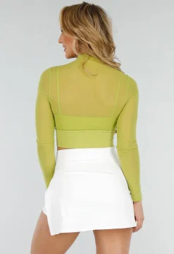 Olijfgroene Sportieve Mesh Top met Ingewerkte Pads