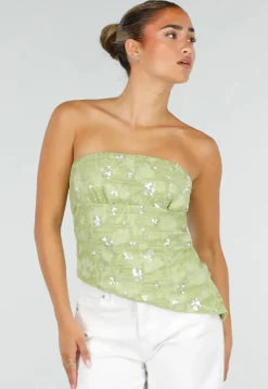 Olijfgroene Strapless Top met Pailletten, Bloemenpatroon en Blinde Rits