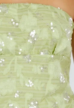 Olijfgroene Strapless Top met Pailletten, Bloemenpatroon en Blinde Rits