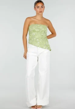 Olijfgroene Strapless Top met Pailletten, Bloemenpatroon en Blinde Rits