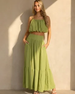 Olijfgroene Two Piece Set met Spaghetti Top en Maxi Rok