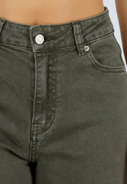 Olijfgroene Wide Leg Jeans met Hoge Taille en Lichte Stretch