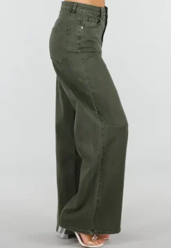 Olijfgroene Wide Leg Jeans met Hoge Taille en Lichte Stretch
