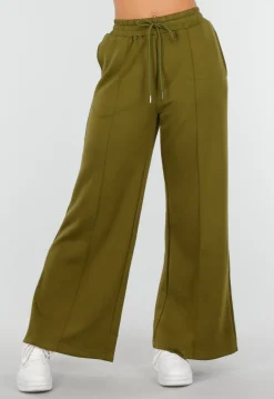 Olijfgroene Wijde Broek met Hoge Taille en Trekkoord