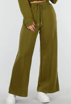 Olijfgroene Wijde Broek met Hoge Taille en Trekkoord