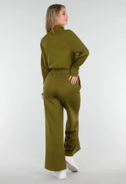 Olijfgroene Wijde Broek met Hoge Taille en Trekkoord
