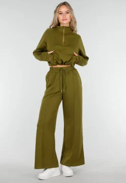 Olijfgroene Wijde Broek met Hoge Taille en Trekkoord