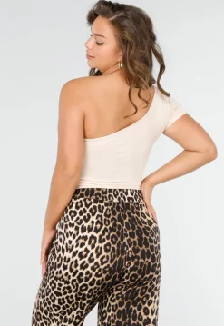 One Shoulder Stretch Crop Top in Beige