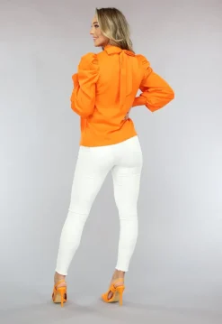 Oranje Blouse met Pofmouwen en Strikdetail