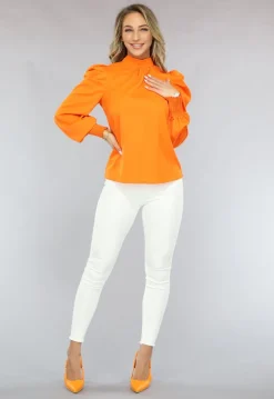 Oranje Blouse met Pofmouwen en Strikdetail