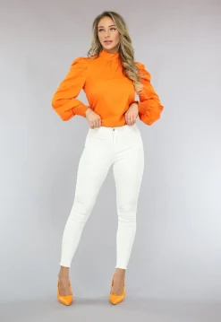 Oranje Blouse met Pofmouwen en Strikdetail
