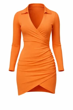 Oranje Bodycon Jurkje met V-Hals en Kraagje