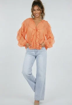 Oranje Chiffon Blouse met Ruffle Details en Lange Mouwen