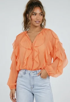 Oranje Chiffon Blouse met Ruffle Details en Lange Mouwen