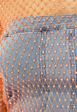 Oranje Fishnet Jurkje met Strass