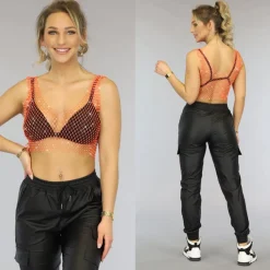 Oranje Fishnet Topje met Strass