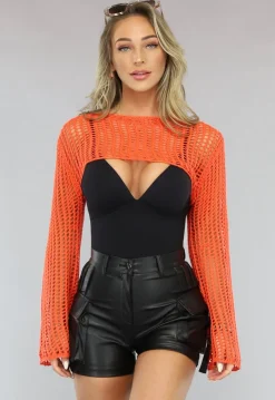 Oranje Gehaakte Bolero met Wijduitlopende Mouwen
