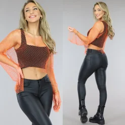 Oranje Glitter Fishnet Crop Top