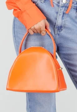 Oranje Halfronde Schoudertas met Handvat en Lange Schouderband