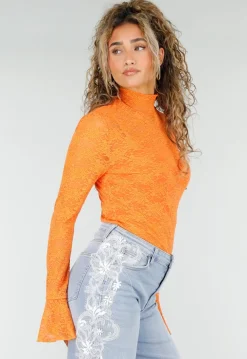 Oranje Kant Top met Col en Uitlopende Lange Mouwen