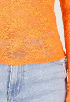 Oranje Kant Top met Col en Uitlopende Lange Mouwen